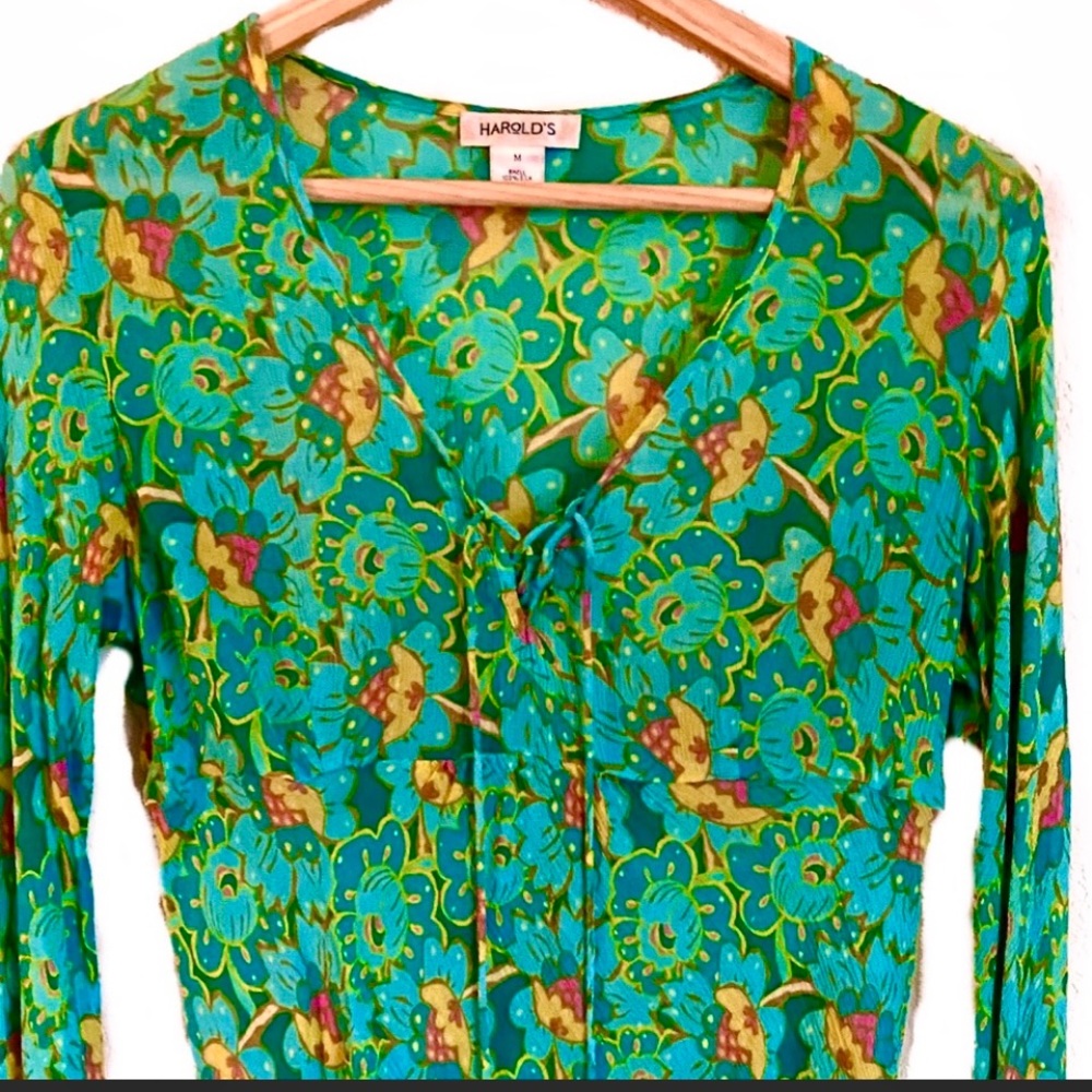 Harolds 100% Silk Tie Front Green Floral Top Blouse - Picture 2 of 8